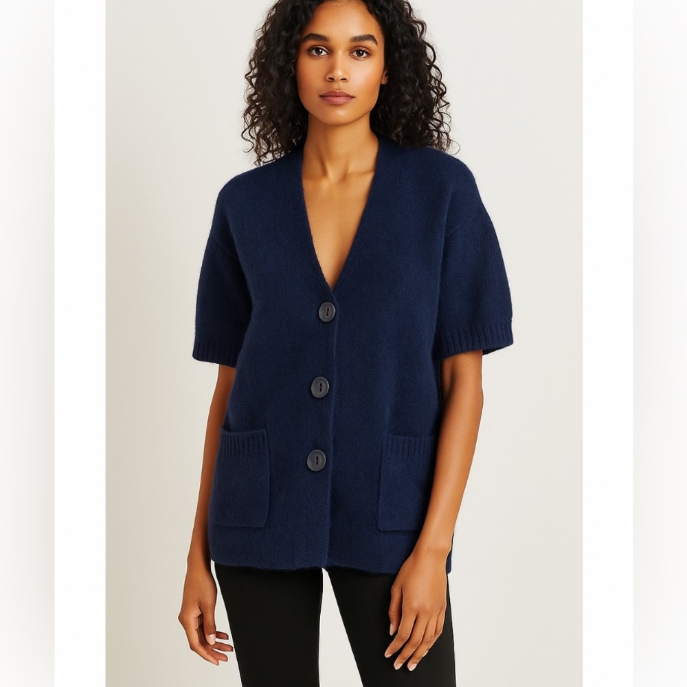 Vince Alpaca Wool Blend Navy Blue Button Down Short Sleeve Cardigan Medium